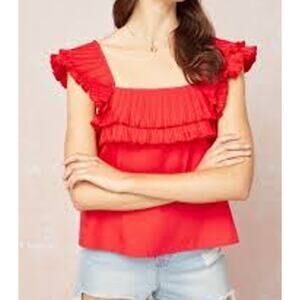 Entro Square Neck Pleated Ruffle Tiered Strap Tank Top Red Large